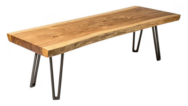 Rustic live edge wooden bench with black metal hairpin legs isolated on transparent background