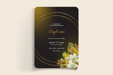 WEDDING INVITATION FRAME WITH FLOWER DECORATIONS AND FRESH LEAVES