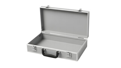 Open silver metal briefcase aluminum case storage box container portfolio luggage carrying equipment 100 on transparent background
