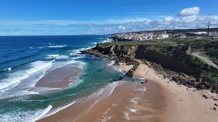 Praia Grande Beach In Sintra District Of Lisbon Portugal. Aerial View Of Stunning Beach With Crystal Clear Waters. Shore Clouds Sky Beach Sea. Shore Beach Scenic Coastline. Sintra District of Lisbon.