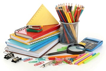 Large Group of Office Supplies on White Background – Stationery Set with Pen, Paper, Clips