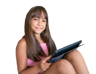 Girl playing with digital wireless tablet computer on transparent background. Education and learning concept.