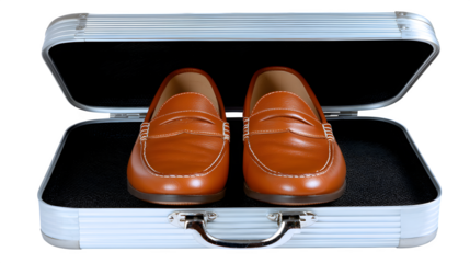 Loafers placed inside an open briefcase, lid cropped out, on white isolated background,