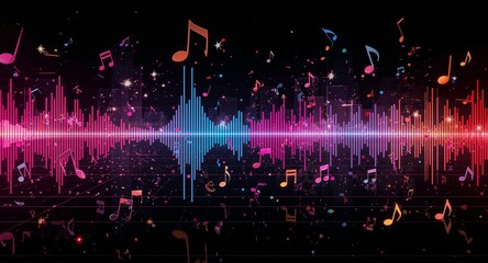 Vibrant Digital Music Equalizer with Colorful Sound Waves and Floating Musical Notes on a Dark Background
