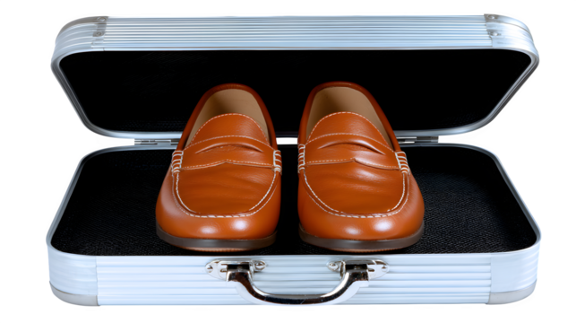 Loafers placed inside an open briefcase, lid cropped out, on white isolated background,