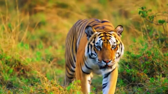 A tiger chasing prey through tall grass in the golden light of sunset, dynamic action shot, blurred background for speed effect