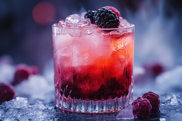 Red cocktail with ice and berries.