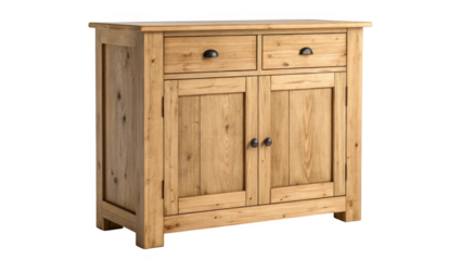 Rustic pine wood two drawer two door cabinet isolated on transparent background