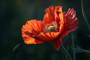 a realistic red poppy flower with delicate petals and natural textures in soft lighting