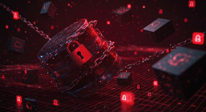 Abstract illustration of a secure data container with red glowing locks and chains in a dark background