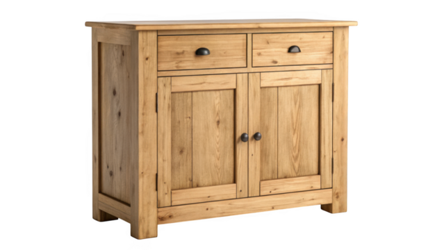 Rustic pine wood two drawer two door cabinet isolated on transparent background