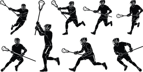 Lacrosse players in action, sports silhouettes, men playing lacrosse, athletic movement, team sport, helmets, sticks, competitive game, outdoor activity, dynamic poses.eps