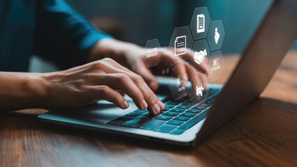 Hands typing on laptop with data security icons, modern technology and secure transactions