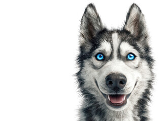 Siberian Husky Dog Portrait Close up of a smiling husky with bright blue eyes and snowy fur