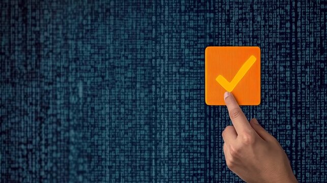 Hand Pressing a Verified Checkmark Button on an Interactive Digital Panel for Automation Control