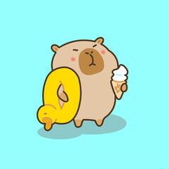 A cute vector illustration of a happy capybara carrying a duck float and a handful of ice cream treats during a sunny summer day. 