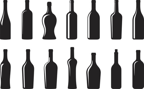  Minimal black wine bottle silhouettes, alcohol container vector set, simple glass shapes, modern beverage icon collection for branding, desi.eps