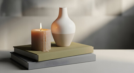  Elegant Minimalist Decor with White Vases, Candles, and Books on Shelves for Cozy Home Atmosphere