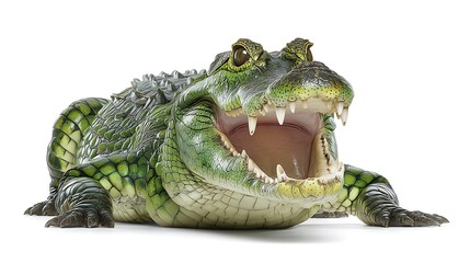Fototapeta premium Green Caiman Croc with Open Mouth, Isolated on White Wildlife, and Predator.