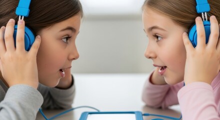 Two girls sharing headphones and listening to music together indoors