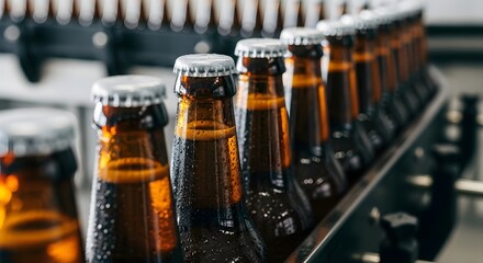 Close up of cold beer bottles with condensation on brewery conveyor, banner template for craft beer production bar promotion and beverage industry advertising with copyspace.
