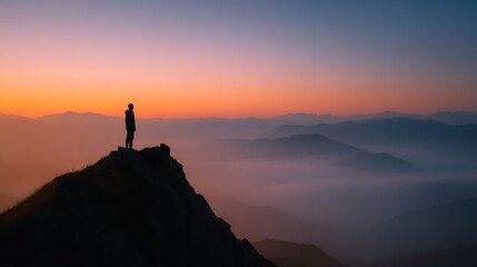 A single silhouette of a leader standing on a mountain peak during twilight, surrounded by fog, lonely atmosphere, strong symbolism of decision-making solitude 