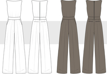 Women Sleeveless Jumpsuit with Back zipper, wide leg, palazzo pants, vector. Jumpsuit fashion technical drawing, illustration. Front and Back View. CAD, Mockup set.