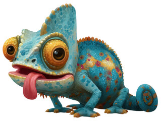 Obraz premium Cartoon Chameleon Illustration Teal Yellow and Orange Tones Large Eyes and Protruding Tongue