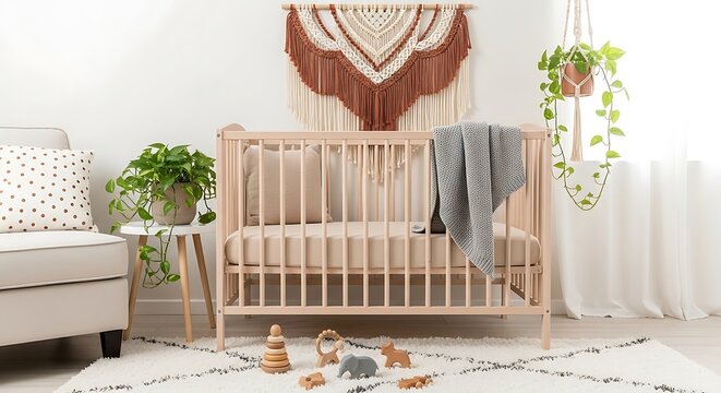 Serene nursery featuring a wooden crib, cozy decor, and bohemian-inspired wall hanging