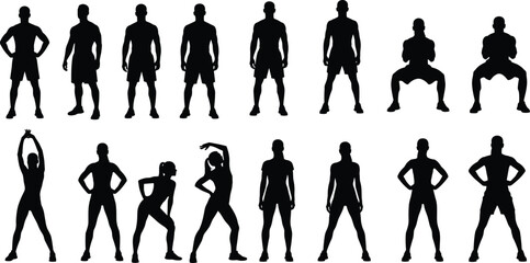 Silhouettes of men and women doing fitness poses, warm-up exercises, squats, and standing workouts on white background, healthy lifestyle concept