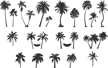 Palm tree silhouette set, tropical tree vector, hammock illustration, botanical shape variety, cad drawing flat vector illustration, nature design.eps