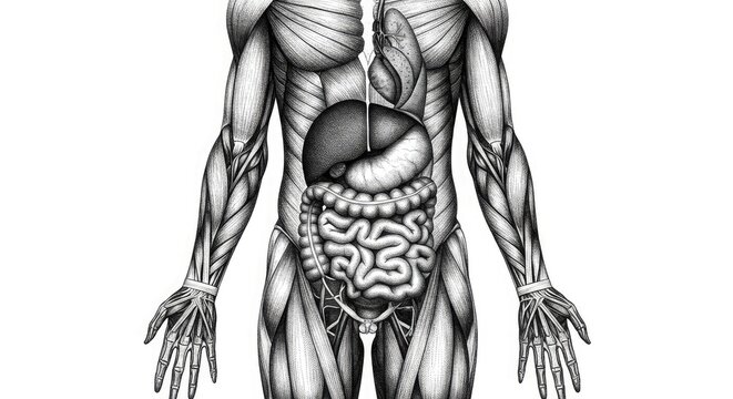 Detailed anatomical illustration of the human body and internal organs on white
