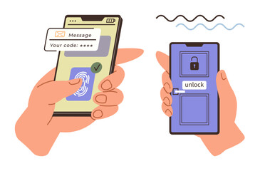 Hands holding smartphones, one entering a security code and verifying with a fingerprint, the other unlocking a screen with a lock icon. Ideal for security, technology, privacy, authentication, app