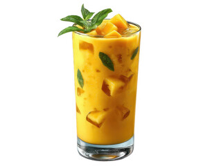 Refreshing Mango Drink with Ice Cubes and Mint Garnish in Tall Glass Cocktail