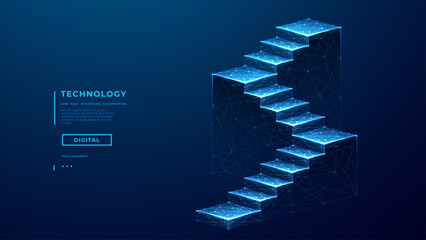 Technology staircase up with four podiums. Business technology template. Success career growth concept. Leadership and Goal. Digital path. Vector illustration in futuristic polygonal wireframe style.