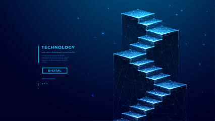 Digital success stairs in technology low poly wireframe style on dark blue background. Staircase and podiums. Career boost strategy. Business tech bg. Vision and mission. Abstract vector illustration © AntonKhrupinArt