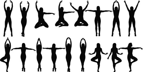 Silhouettes of women practicing yoga, meditation, fitness, and stretching poses, healthy lifestyle concept on white background, wellness illustration art