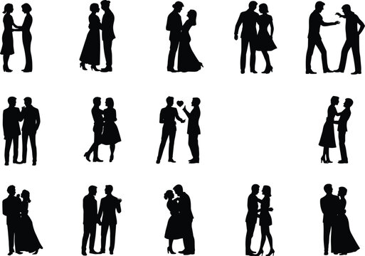 Romantic couple silhouettes in various poses, love and relationship themes, affectionate gestures, emotional connection, dating, wedding, communication, passion, intimacy.eps