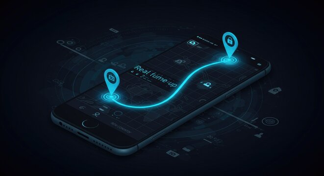 Advanced smartphone map application displaying real time location tracking path and markers highlighted interface with contemporary technology design
