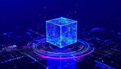 Futuristic Digital Cube Floating Above Circuitry with Glowing Blue Light