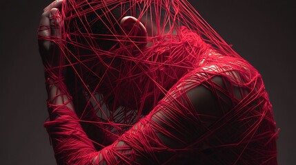 person wrapped in hundreds of red strings like a spiderweb, struggling to move forward, surreal style, soft light and high contrast, emotional symbolism, conceptual art representing mental pressure 