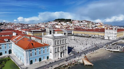Lisbon Skyline In Lisbon Portugal. Aerial View Of Lush Green Park And Surrounding Buildings. Business Sky Downtown Cityscape. Business Panning Wide. Lisbon Portugal.