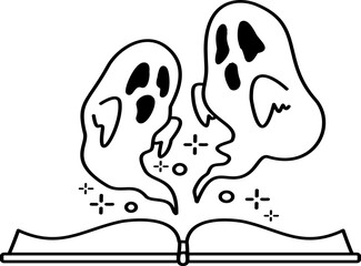 Cartoon Halloween Ghosts Emerging From Open Book Outline