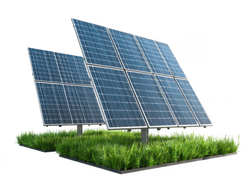solar panels on grass against a white background, png, transparent - Powered by Adobe