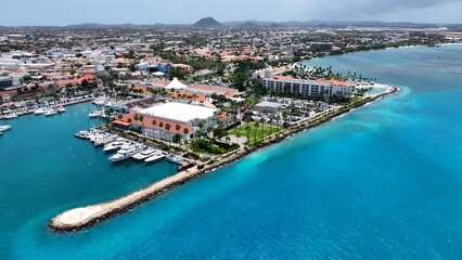 Waterfront Resort In Oranjestad Caribbean Netherlands Aruba. Bird Eye View Of A Amazing Coastal Beach In The Summer Holiday. Shore Clouds Sky Beach Sea. Shore Beach Scenic Coastline.