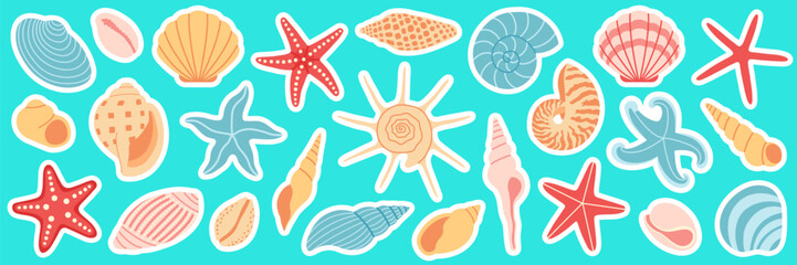 Bright vector sticker set of seashells, starfish and marine elements on turquoise background. For scrapbooking, summer, sea, ocean, beach, vacation, tropical, card design and kids’ crafts. Hand drawn.