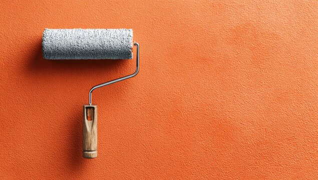 A light gray paint roller rests on an orange surface, its wooden handle angled towards the viewer