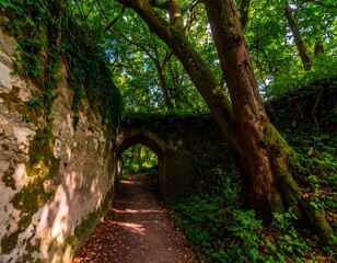 Ancient stone archway path through lush forest