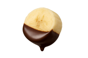 Banana slice dipped in melting dark chocolate on transparent background