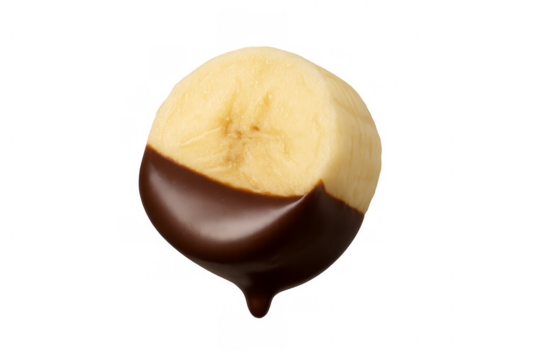 Banana slice dipped in melting dark chocolate on transparent background